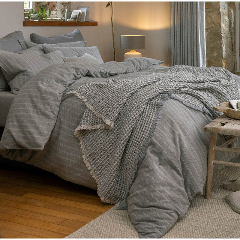 Flannel Stripe Duvet Cover Set, Queen Duvet Cover + 2 Standard Pillowcases, Silver