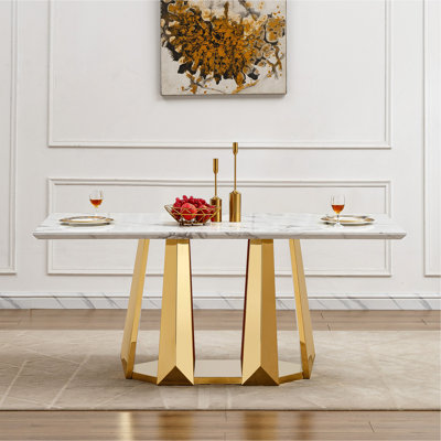 Marble Dining Table For 6 People, 70'' Rectangle Faux Marble Dining Table With Mirrored Finish Stainless Steel Base, Modern Large Size Marble Kitchen