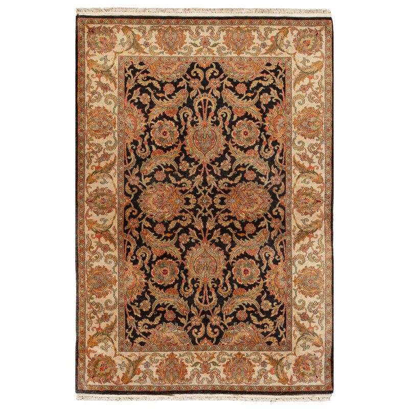 Tapis noir et ivoire de haute qualité noué à la main