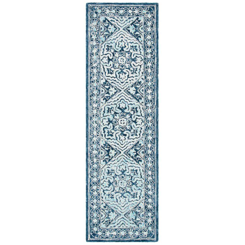 Tapis bleu marine / bleu clair en laine Rubalcava, Tapis de couloir 2 pi 3 po x 8 pi