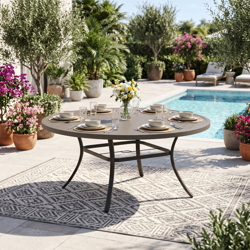 53" Patio Metal Round Dining Table, Gray Woodlike