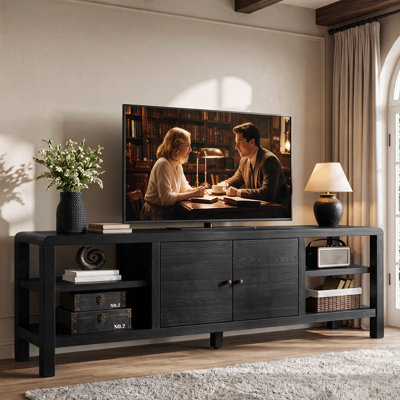 Meuble télé 71 po en bois massif avec tablettes ouvertes, centre de divertissement rustique pour salon, brun naturel