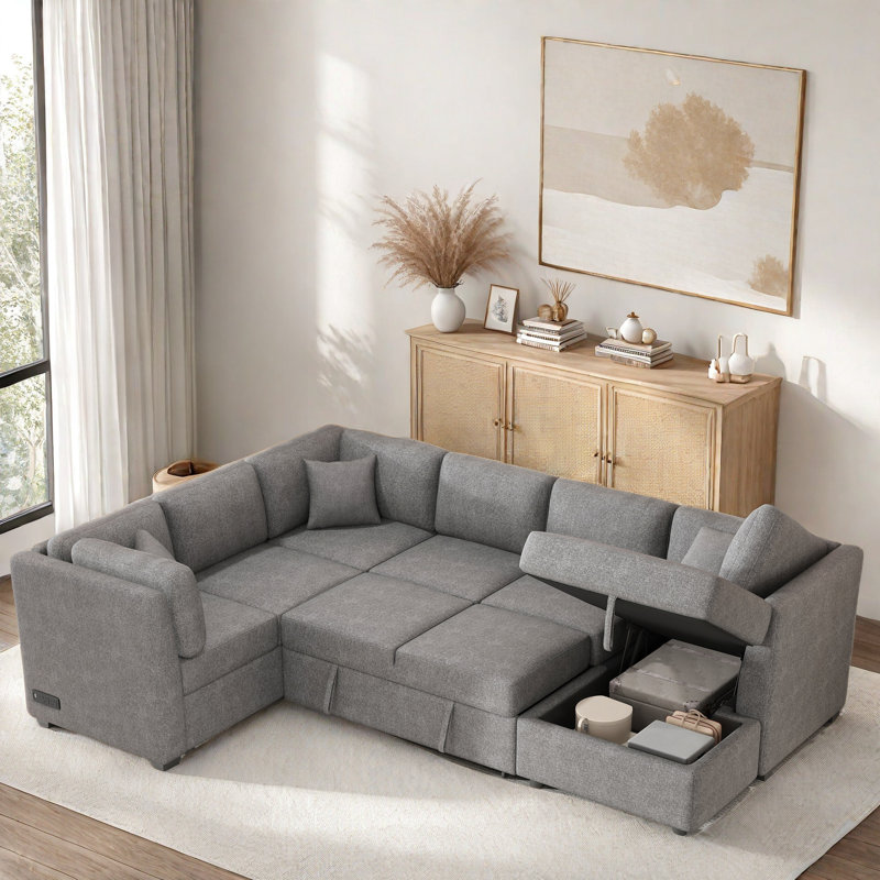 Canapé Ajwan avec deux ports USB, deux prises de courant, trois coussins de dossier et une chaise de rangement, Gris chenille