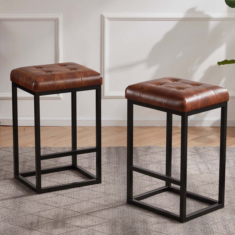 Nealla Upholstered Counter Stool with Metal Frame, Yellowish Brown, Bar Stool (28” Seat Height)