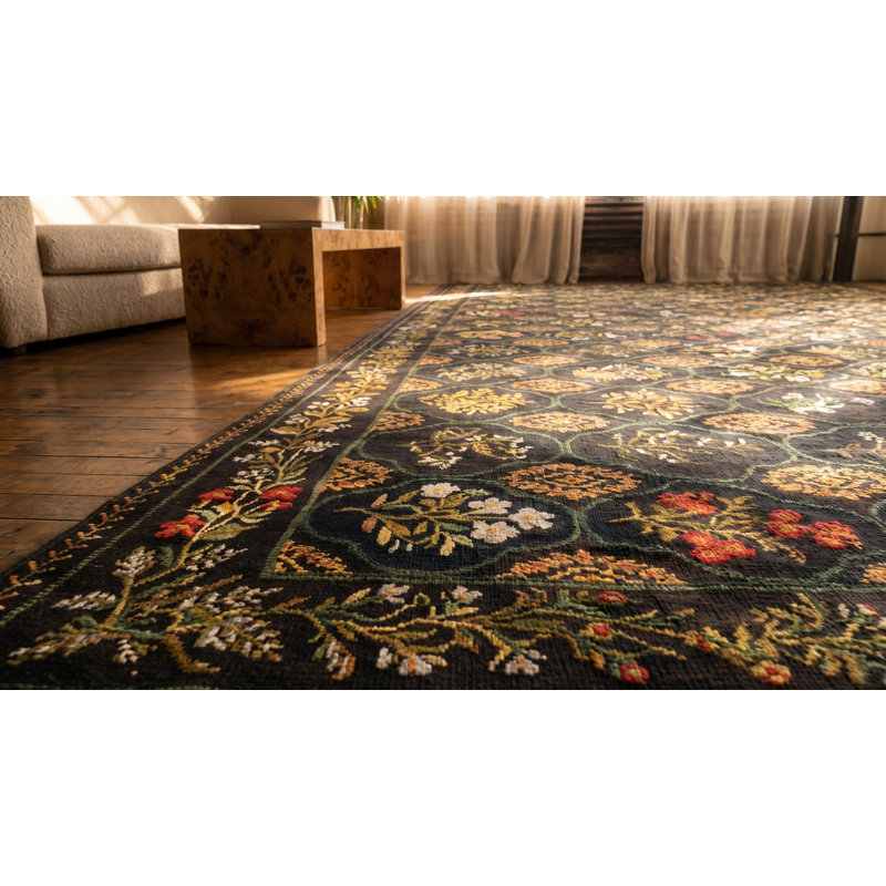Large Size Charcoal Color Antique Floral English Flat Weave Needlepoint Carpet