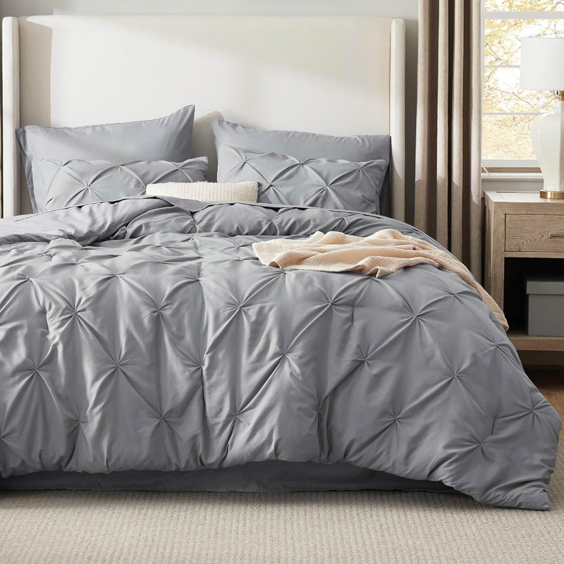 Ensemble d'édredon très grand - Ensemble de literie très grand 7 pièces, ensemble de lit gris dans un sac Pintuck avec édredon, draps, taies d'oreiller et taies décoratives