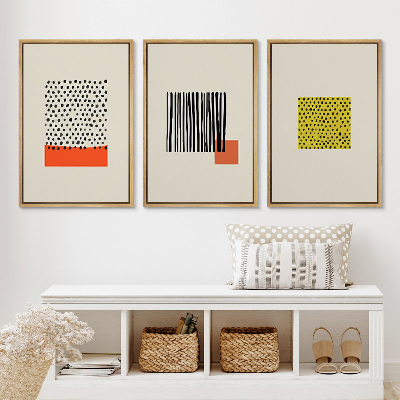 «Geometric Line Minimalist Abstract Lines Yellow Organic Modern Boho», reproduction d'art encadrée sur toile 3 pièces