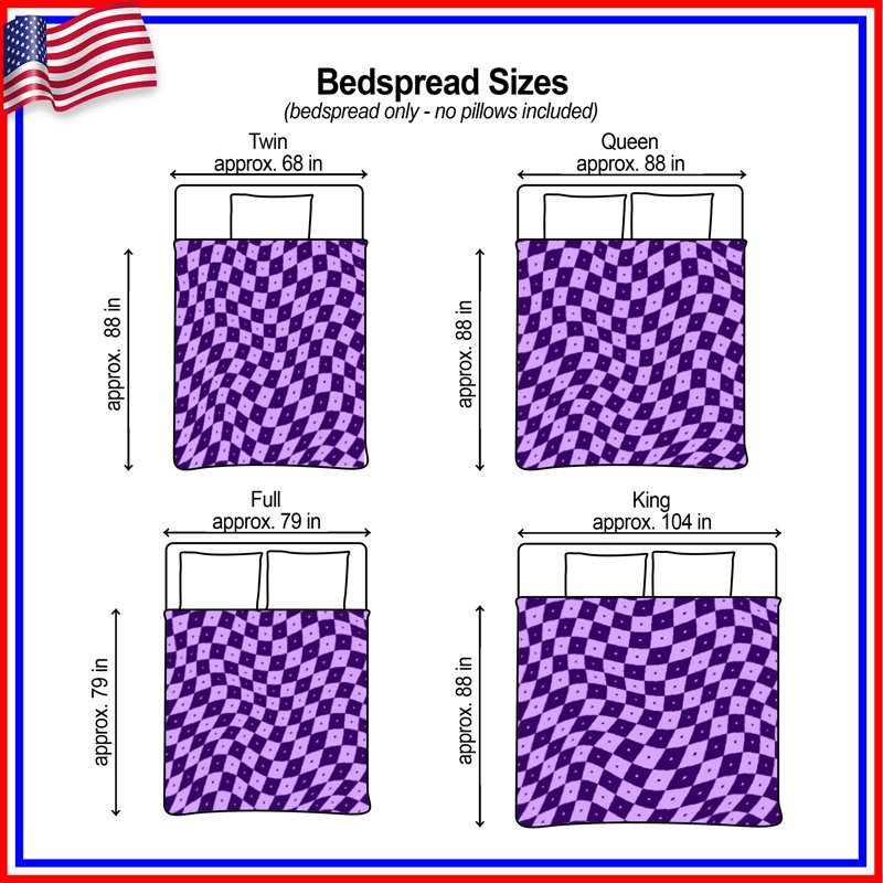 Purple Checkered Waves Quilted Bedspread All Sizes, Full / Double