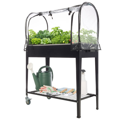 Raised Garden Bed with Cover - 31.5”x15.75”x47.25” Metal Elevated Planter Box with Legs, Greenhouse Cover, Wheels, and Storage Shelf - For Growing Flowers, Vegetables, or Herbs (Black)