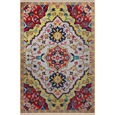Yellow Beige Themed Traditional Motif Ethnic Pattern Fringed Vintage Decorative Rug