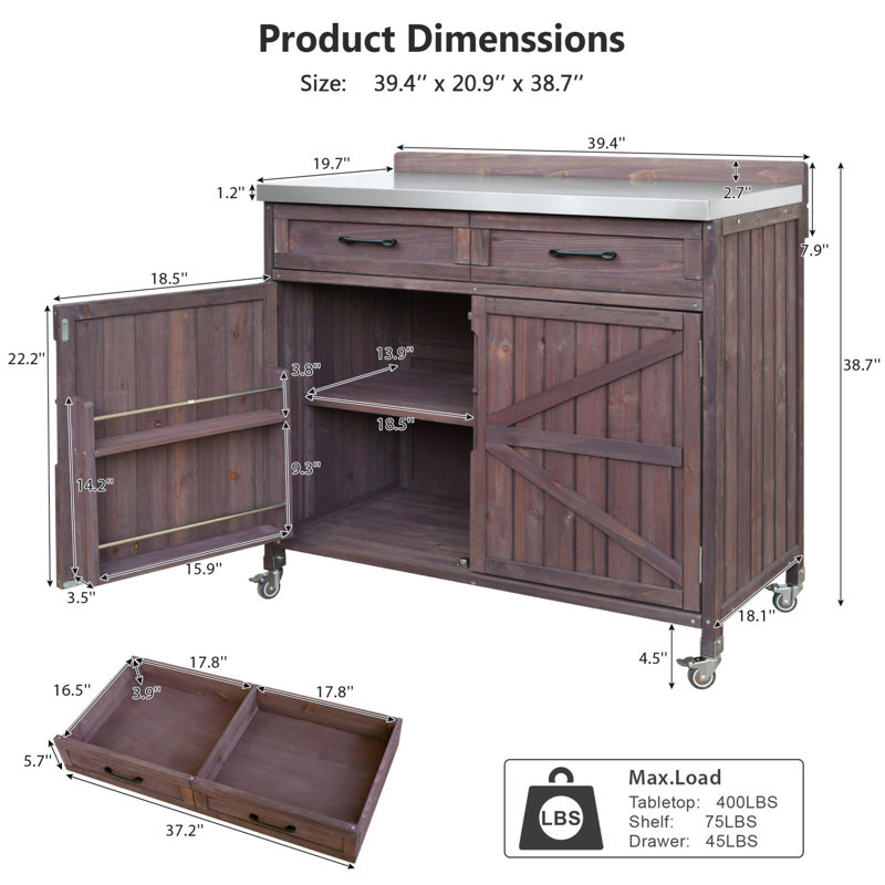Îlot de cuisine extérieur avec plateau en acier inoxydable et rangement, Brun