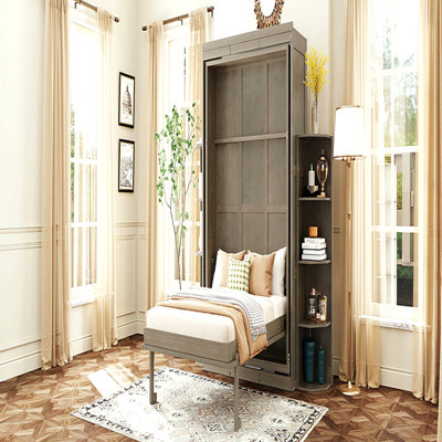 Lit escamotable double rotatif avec armoire murale cachée, deux tablettes latérales à 3 niveaux, bureau convertible, supports de rangement supplémentaires, lit mural multifonctionnel peu encombrant pour le bureau à domicile et les petites pièces, gris