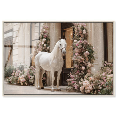 «White Horse at the Flower Store», reproduction d'art acrylique encadrée par Art Remedy, cadre argenté, 30 x 20