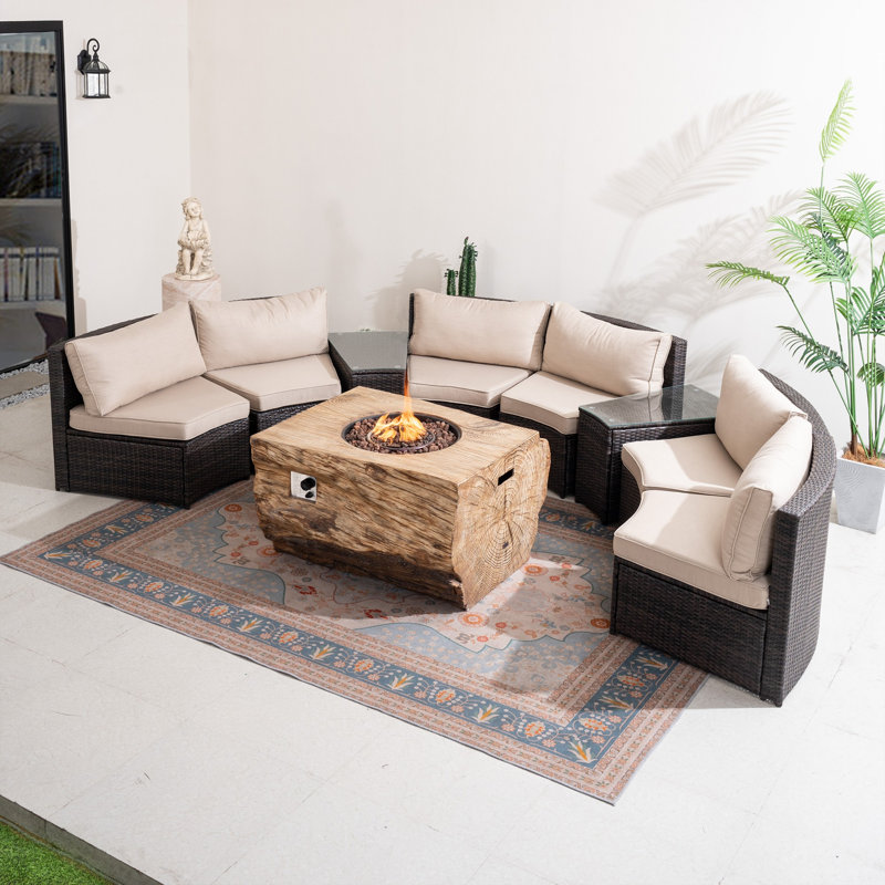 Ensemble de conversation d'extérieur en osier pour 6 personnes avec table foyer