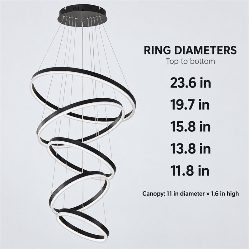 Lustre moderne à 5 anneaux à DEL avec télécommande, lumière annulaire noire à intensité variable avec 3 températures de couleur pour la salle à manger, la cuisine, le salon et le vestibule