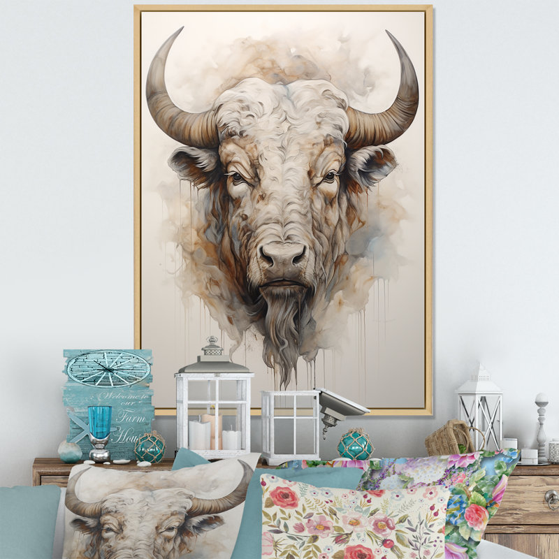 Tête de bison Buffalo III sur toile, Cadre naturel flottant, H 32 po x l 24 po x P 1 po