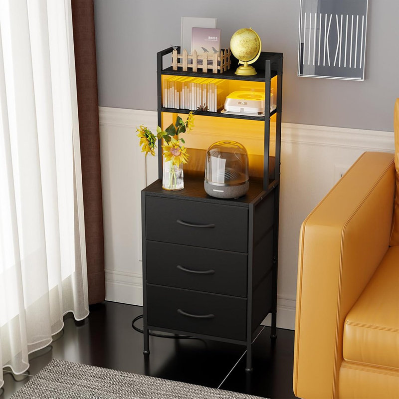  41 Inch Tall Nightstand With Charging Station, Led Night Stand With U-s-b Port & Socket, 3 Pu Finished Fabric Storage Drawers, Office, Bedside Table & Bookshelf In One, Black