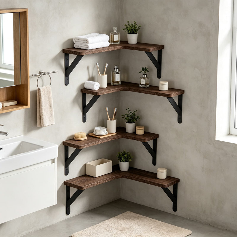 Ensemble de 5 tablettes de coin flottantes, étagères murales en bois pour le rangement et la présentation, élément de décoration polyvalent pour toutes les pièces.