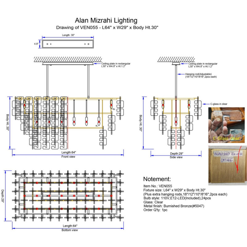 Lustre Venetian Light, Bronze brillant, Verre transparent et lisse, 34" Length x 20" Width x 22" Height