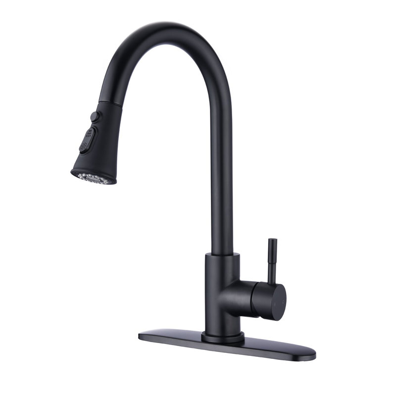 Single Handle Deck-mount Pull-down Kitchen Faucet with Sprayer, Without Soap Dispenser, Matte Black