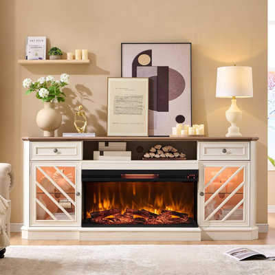 Meuble télé 75 po pour téléviseur de 85 po et moins avec foyer de 36 po et lumières à DEL avec tablettes et rangement