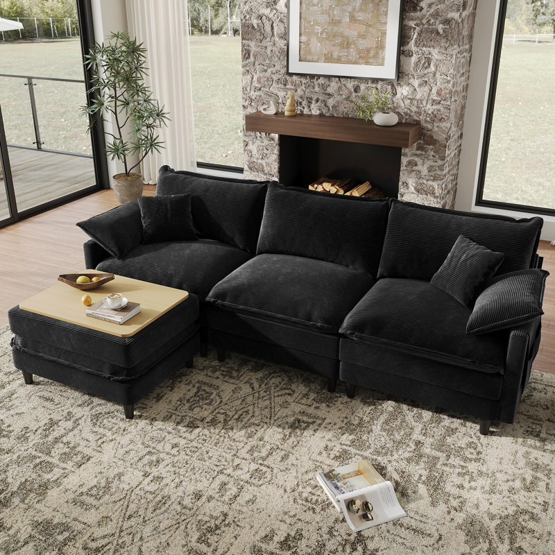 108'' Comfy  L Shaped Sectional Modular Deep Cloud Sofa with Ottoman- Premium Fabric, Black