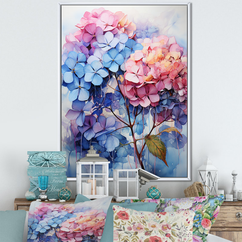 Hortensias en fleurs mauves, Cadre flottant blanc, H 32 po x l 24 po x P 1 po