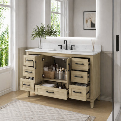 Sirois 48" Freestanding Bathroom Vanity With Engineered Stone Top And Soft-Close Storage