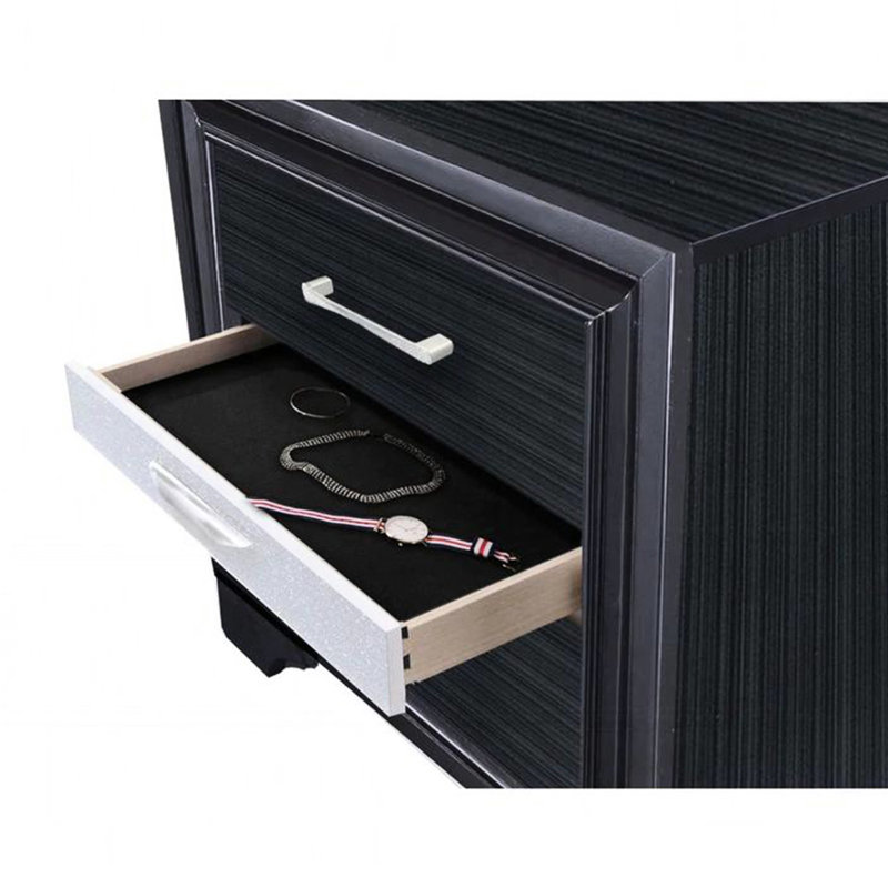 Table de chevet noire avec 2 tiroirs soignés et 1 poche à bijoux en feutre 3 sections
