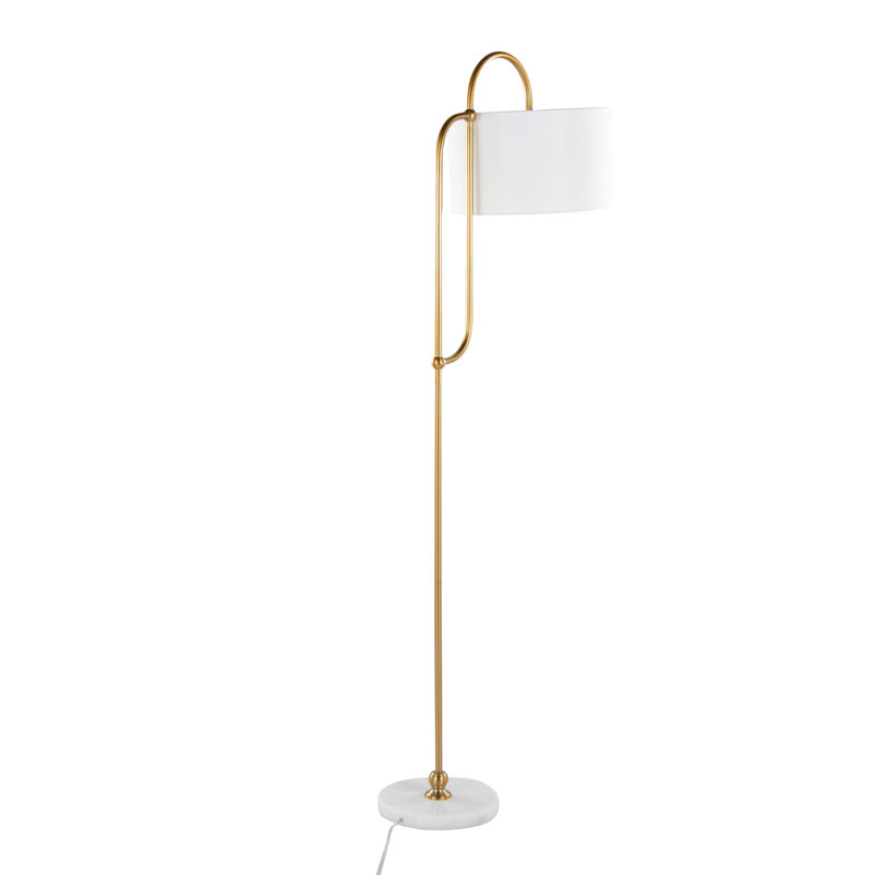 Leslie 63" Glam/Art Deco Metal Floor Lamp In White Marble And Gold Metal With White Linen Shade