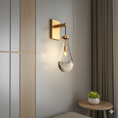 Une applique murale simple à finition laiton avec un abat-jour contemporain en forme de goutte de pluie, compatible avec les ampoules à DEL à intensité variable utilisant une base E12, convient aux salles de bain, aux meubles-lavabos et aux espaces de vie.