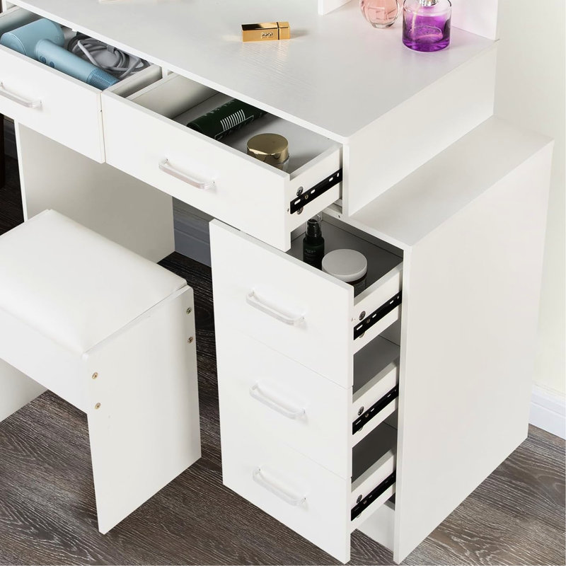 Meuble-lavabo blanc avec bandes à DEL et tiroirs très profonds