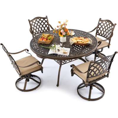 5 Piece Outdoor Dining Set Cast Aluminum, Retro Patio Dining Furniture Set for 4 Includes 54’’ Round Table 4 Chairs with Thicker Cushion and Umbrella Hole for Patio Deck Garden