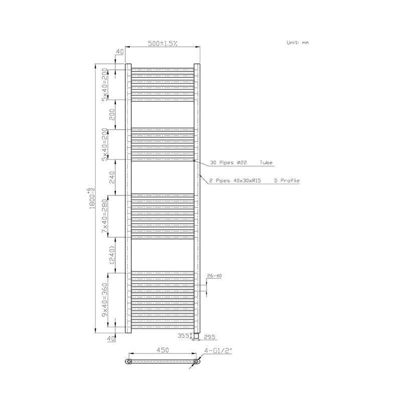 Straight Towel Rail Heated Towel Rails, 180cm H x 50cm W x 3cm D, White