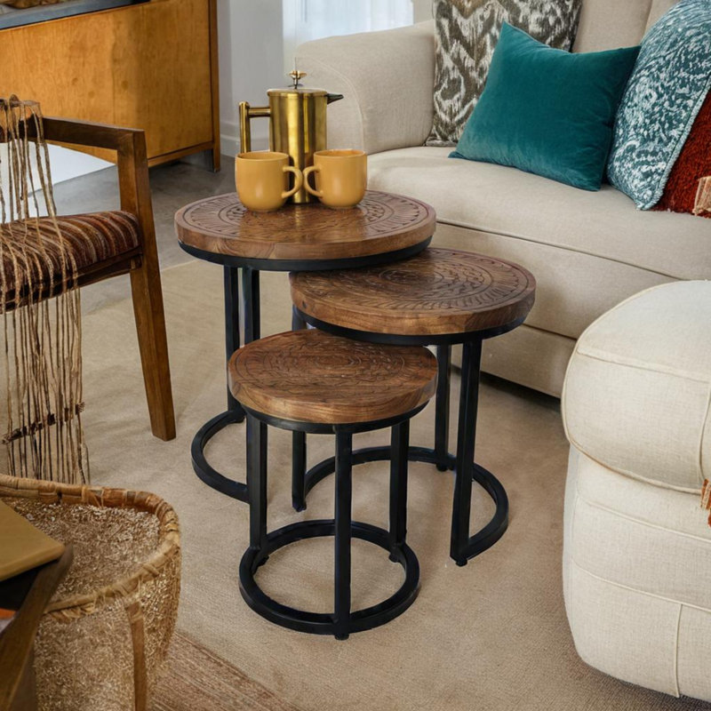 Acacia Wood Round Set Hand Carved 3 Piece Nest of Tables 