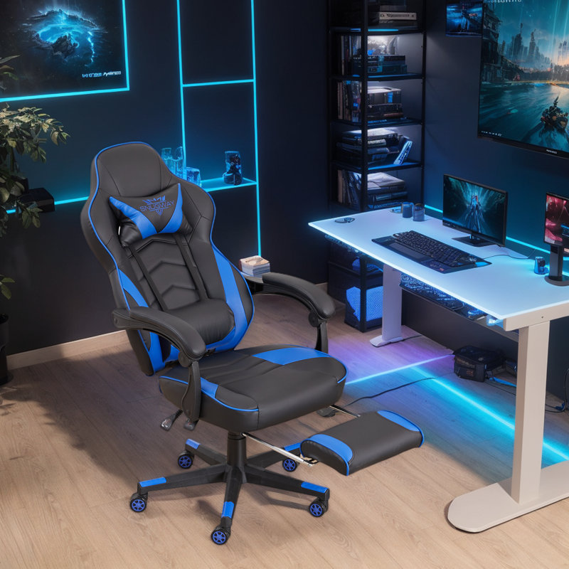 Fauteuil inclinable avec repose-pieds - Fauteuil de jeu vidéo de qualité supérieure pour les jeux prolongés, Bleu et noir