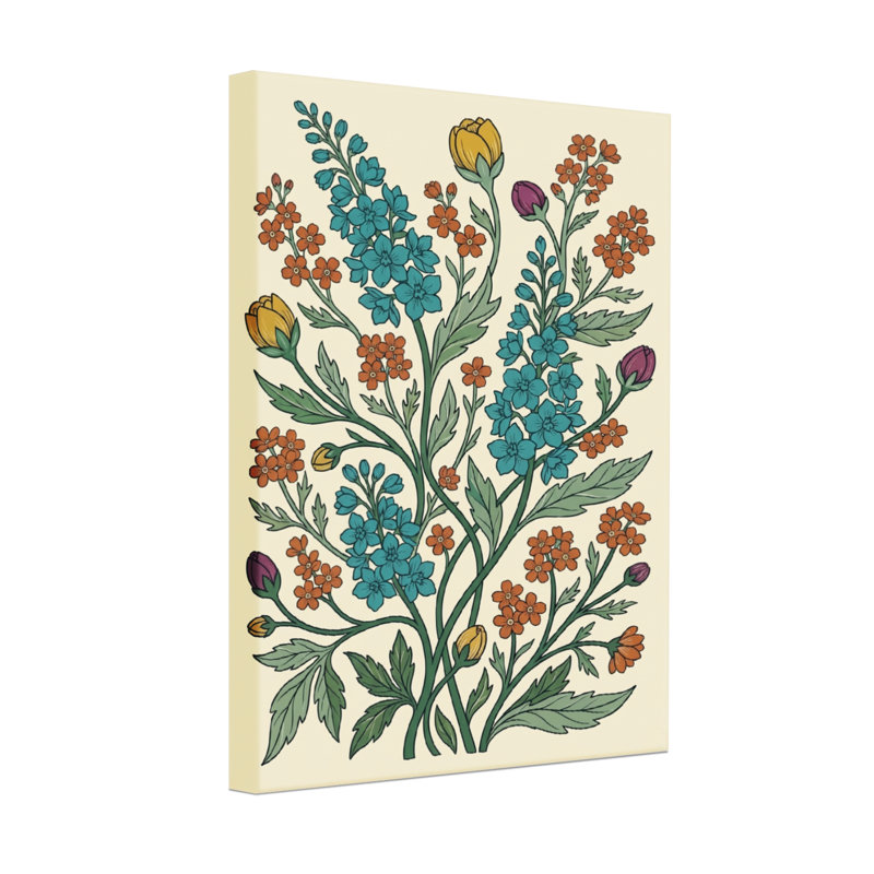 Motif floral de plantes et de fleurs avec des fleurs bleues et oranges, H 24 po x l 16 po
