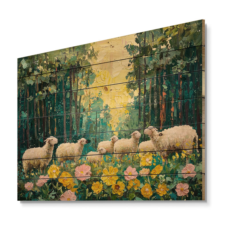 Mignon mouton au printemps fleurs I - décoration murale en bois de mouton - sur bois de pin naturel