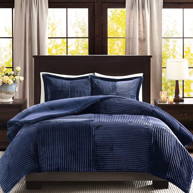 Édredon pour lit double / grand lit bleu marine, conception nervurée, envers uni, lavable à la machine, livré avec 2 taies décoratives bleues pour dessus souple, inférieur et inférieur