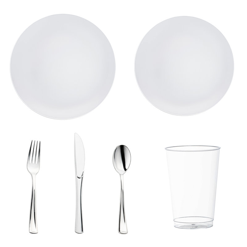 White with Silver Rim Organic Round Disposable Plastic Wedding Value Set - 30 Settings
