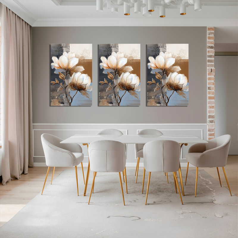 Tableau abstrait floral magnolia sur toile tendue (ensemble de 3), H 18 po x l 36 po