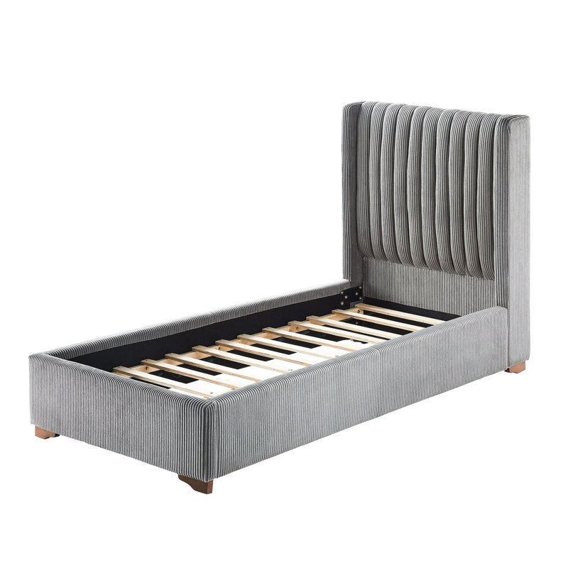 Twin Size Bed Frame With Corduroy Headboard And Wooden Slats, No Box Spring Required, Dark Grey Appearance Modern Stable Spring, Accent