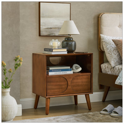Mid Century Modern Fluted Nightstand With Charging Station, USB Ports, And Outlet Hole, 4 Solid Wood Legs, Open Space, And Drawer, Walnut
