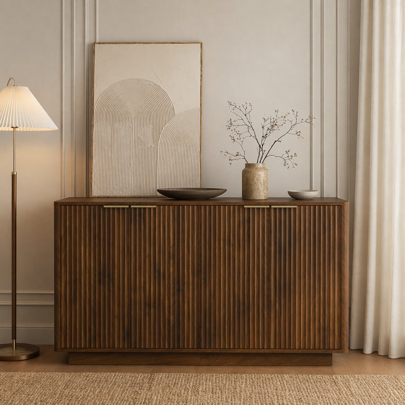 Buffet en bois moderne avec rangement, grand buffet cannelé avec tablettes réglables, crédence, console d'appoint, Brown