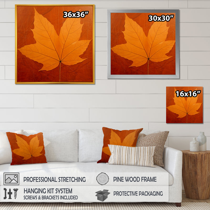 " Amber Autumn Maple Leave ", 30" H x 30" W x 1" D, Silver Single Picture Framed