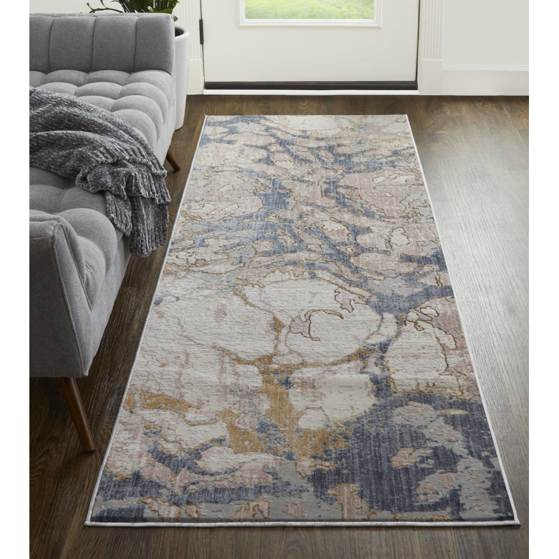 Tapis argent / gris / bleu en laine Zarke, Tapis de couloir 3 pi x 12 pi