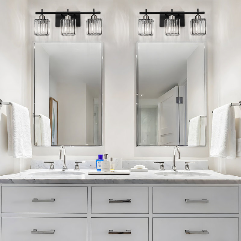 Bathroom Vanity Light With Glass Crystal Shade, Matte Black/Nickel