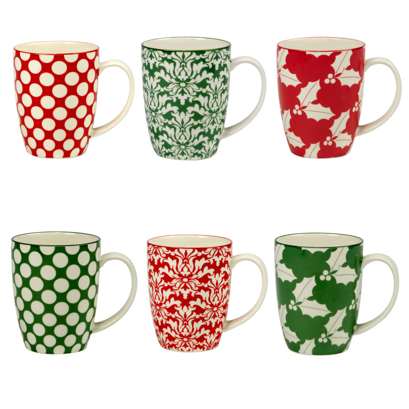 Holiday Red and Green Ceramic 14 oz Beverage Mugs, Set of 6