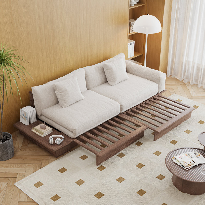 Grimpante 102.3" Upholstered Sleeper Cotton Linen Sofa Bed,Left and Right Installation, Walnut Wood