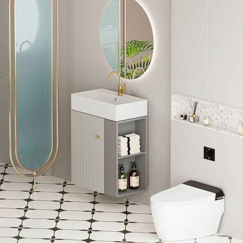Meuble-lavabo mural 21,6 po avec lavabo en céramique, Gris